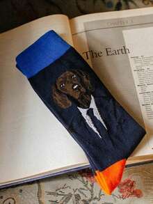 1双男女通用卡通复古英伦绅士中筒袜，狗狗图案，适合所有季节 - 彩色 - 查看 4