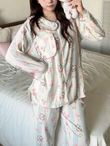 2pcs Disney Marie Cat Print Cotton Long Sleeve Pajama Set For Women, Spring/Autumn - Baby Blue - View 7