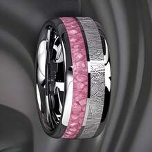 Men's Tungsten Ring, Inlaid With Pink Rose Quartz And Meteorite Patterns, Valentine's Day Gift, Exquisite And Fashionable Ring Is The Perfect Gift For Women, Romantic Gift, Anniversary, New Year's Eve, Men's Creative Gift, Men's Christmas Gift - Dual-slot Powder - View 4