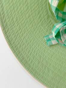 复古格纹贴花撞色抽绳宽檐渔夫帽，波西米亚风春夏度假防晒帽，亮色单色系带防晒旅行帽 - 彩色 - 查看 4