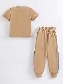 Conjunto de camiseta y pantalones casuales y sencillos para niño en verano - Caqui - Ver 2