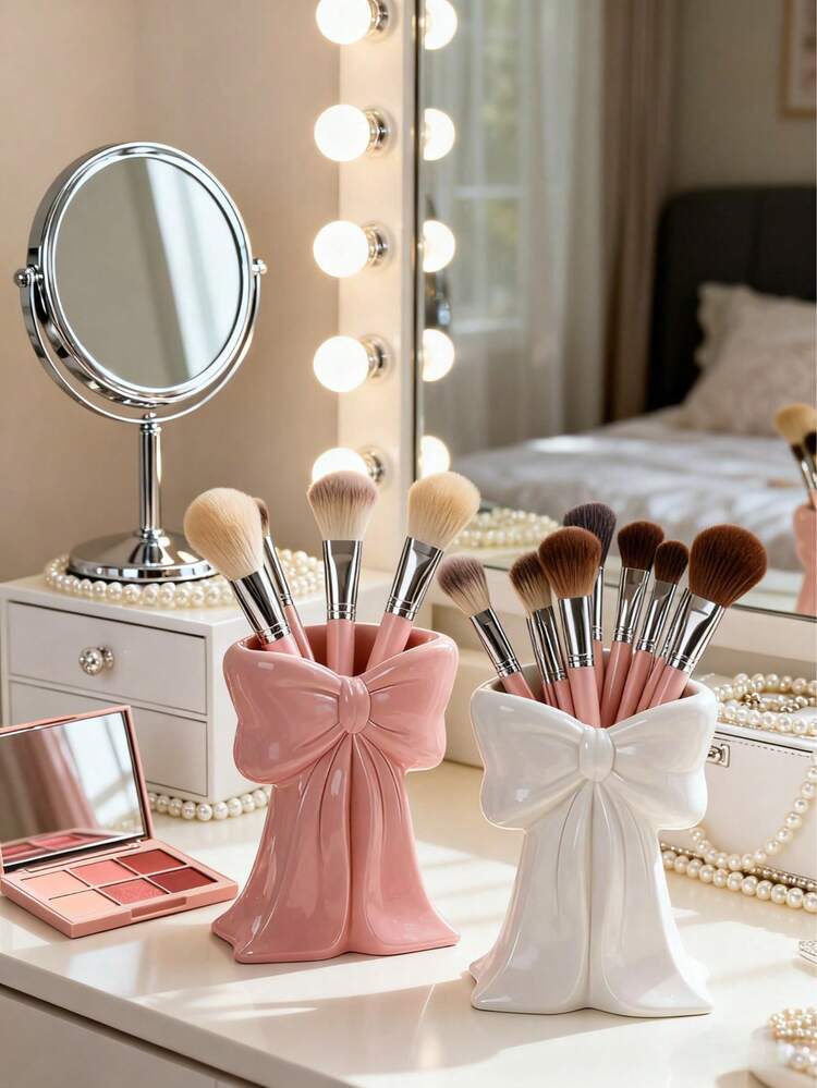1pc Cute Bow-Shaped Desktop Organizer, Versatile Makeup Brush & Office Supply Holder, Creative Decorative Design Suitable For Women, Home, Holidays, Bathroom, Bedroom, Large Capacity, Thoughtful Gift - Multicolor - View 1