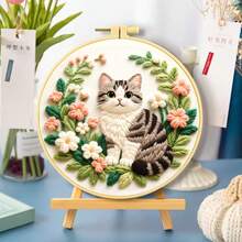 [Cat & Floral Theme] Round Embroidery DIY Kit, Cute Cat + Flower Pattern, Beginner Handmade Cross Stitch Set, Includes Embroidery Hoop, Thread, Suitable For Home Wall Decor - Multicolor - View 7