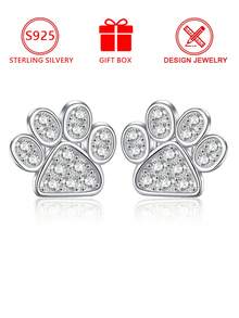 1件S925纯银可爱密镶钻石狗狗爪印耳钉，独特的宠物爪印水钻设计，优雅的银饰，适合日常佩戴，宠物爱好者、闺蜜/主人礼物，附赠礼盒 - 銀色 - 查看 11