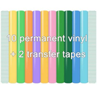 10+2 Sheets Matte Permanent Vinyl - Multicolor Permanent Vinyl And 2 Sheets Transfer Tape, 12x10 Inches, Suitable For DIY Crafts, Home Decor