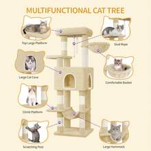 HEXCELEN Cat Tree, 149cm, With 5 Scratching Posts, Large Platforms, Hiding Cave, Multi-Level Cat Activity Center, Pom-Poms, Beige - Beige - View 6