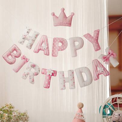 3D Happy Birthday Letter Pennant, Party Decor Bow & Crown Hanging Banner Background