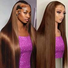 13*4 Lace Front Wig With No Glue, Pre-Cut Pre-Combed Natural Straight Hair Wig For Women, #1B Black = #4 Brown, 4*4 5X5 Lace Closure Wig No Glue, Wear & Go, Natural Hair Texture, 26 Inches - Brown - View 3