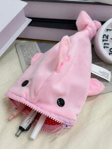 25cm 粉色海豚毛絨筆袋，柔軟蓬鬆卡通動物文具收納袋，多用途學校筆收納袋，開學必備，適合男孩、女孩與學生的假期生日禮物 - 粉色 - 查看 2