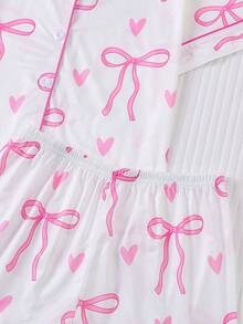 Set de 2 piezas de pijama para niñas con estampado de mariposas y corazones, color base rosa, top con cuello de cárdigan de manga corta y pantalones cortos de cintura elástica suelta, estilo princesa dulce, adecuado para niñas, conjunto de ropa de casa casual lavable a máquina - Blanco - Ver 5