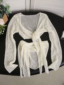 New Spring/Summer Elegant Hollow-Out Cardigan, Sexy Two Pieces Set, High-End Feel, Perfect For Hot Spring Vacation & Beach - Milky White - View 9
