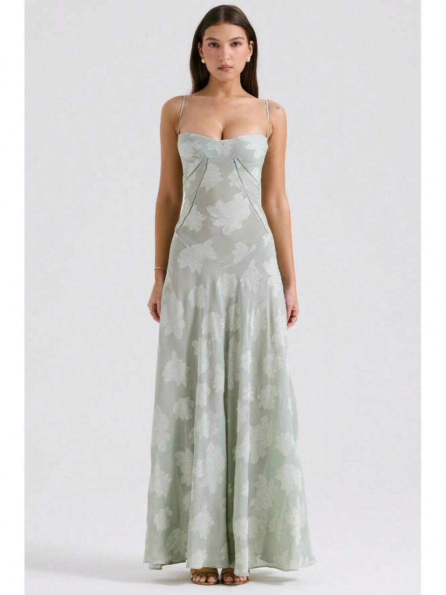 Sexy Sleeveless Strap Backless Dress Women's Chiffon Embroidered Square Neck Ball Gown Evening Dress - 淺綠色 - 查看 1