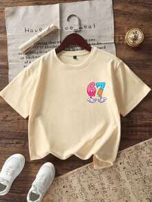 Tween Girl "67" Ice Cream Cartoon Print T-Shirt, Fashionable Summer Top For Girls - Apricot - View 6