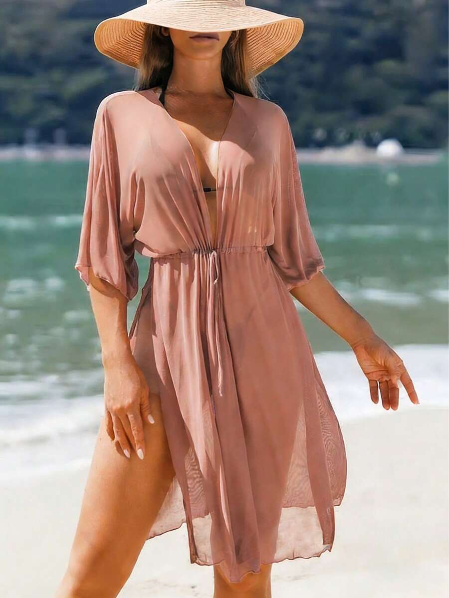 Vestido ligero de unicolor y semi-transparente con cintura anudada para cubrir en la playa - Marrón Mocha - Ver 1