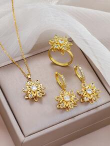 1 Set Exquisito Collar y Aretes de Diamante Principal Micro-Incrustado de Circonita de Alta Gama, Versátil para el Uso Diario - Multicolor - Ver 1