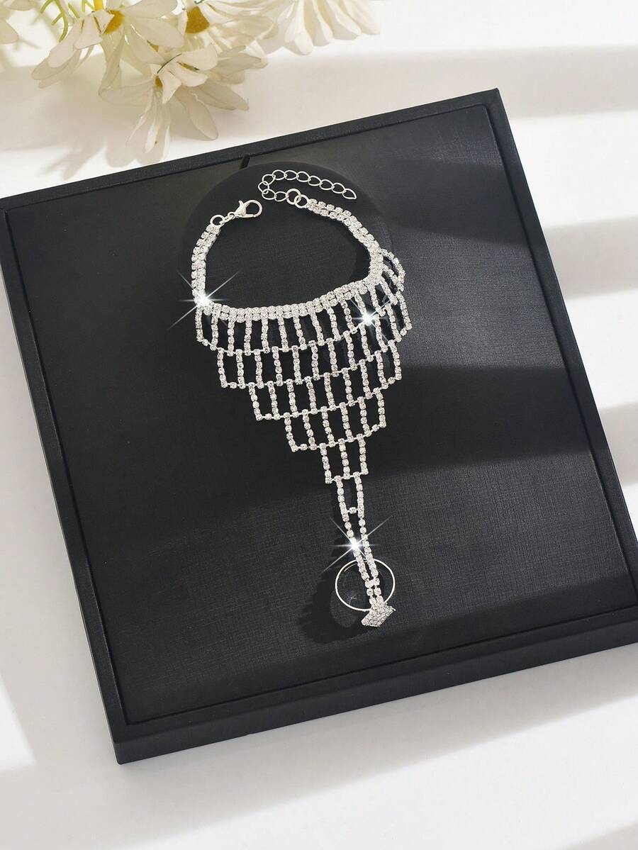 Cadena de dedo de red personalizada para mujer, pulsera de moda con incrustaciones de brillantes de diamante de imitación, adecuada para boda, fiesta, baile latino, banquete de moda y uso casual - Plata 1761-HB - Ver 1
