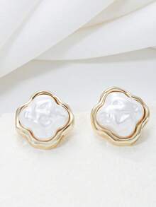1 Đôi bông tai hình hoa bốn lá đính ngọc trai giả, kiểu dáng thanh lịch tối giản dành cho nữ dự tiệc. - Vàng - Xem 2