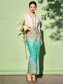 1 pieza Falda de Kebaya elegante con estampado floral para mujeres, falda verde (la parte superior no está incluida), primavera/verano - verde menta - Ver 5