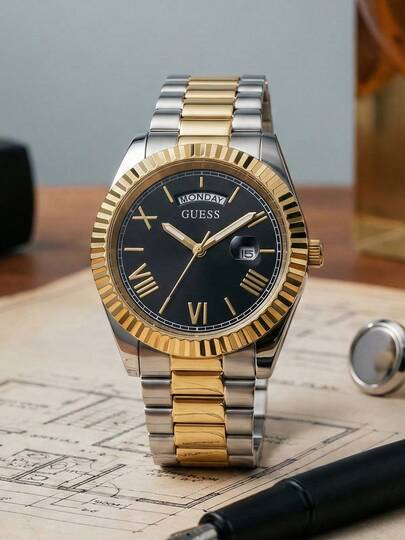 Guess Luxury Dual-Tone Metal Men's Watch, Elegant Stainless Steel Business Wristwatch, Fashionable Black Dial Date Quartz Watch GW0265G5