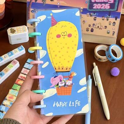 دفتر تخطيط شهري وأسبوعي بتصميم بالون هوائي كرتوني جذاب، دفتر ملاحظات ملون بحلزون، دفتر يومي للطلاب لترتيب وتخطيط الأنشطة بكفاءة