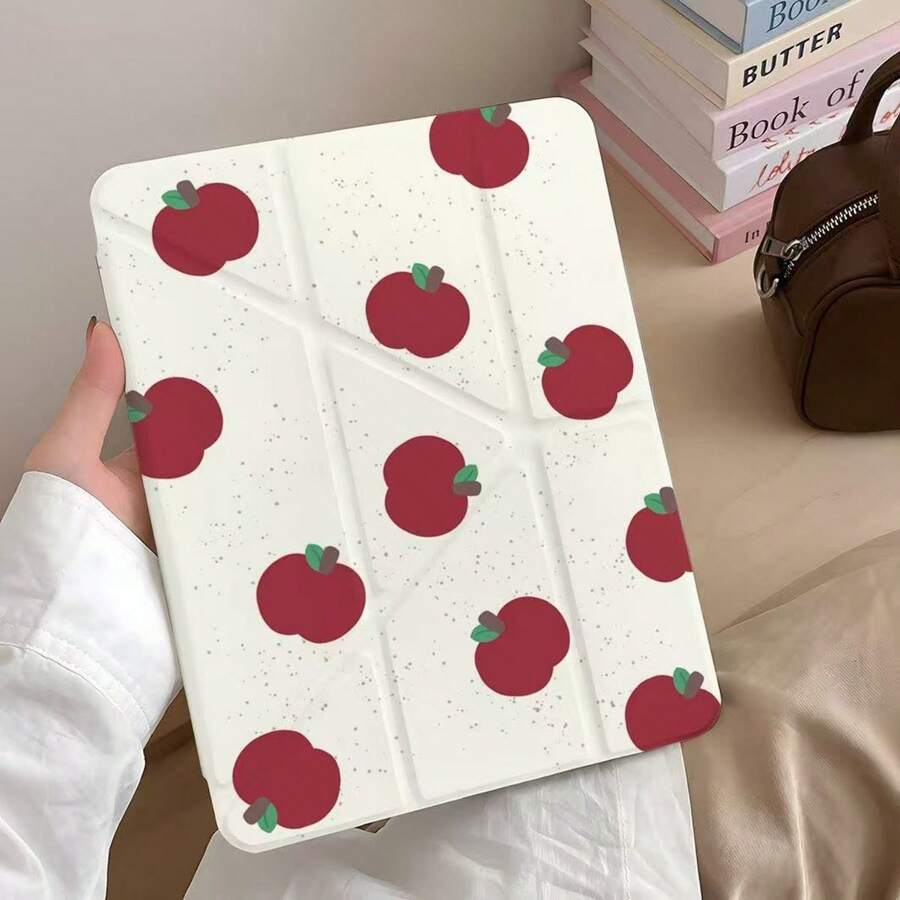 极简泼墨红色苹果可爱平板电脑保护套，兼容苹果第11代、Pro 2025新款、可爱第10代、时尚Air 7/6（带笔槽），防弯折11英寸平板电脑保护套，女孩适用 - 白色 - 查看 1