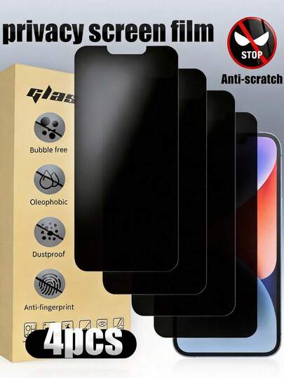 4pcs Privacy Tempered Glass Screen Protector, 9H Hardness, Anti-Fingerprint, Anti-Shatter, Bubble-Free, Smooth Surface, Privacy Protection, Suitable As Birthday Gift For Family And Friends, Fits 11/12/13/14/15/16/17 Series Smartphones