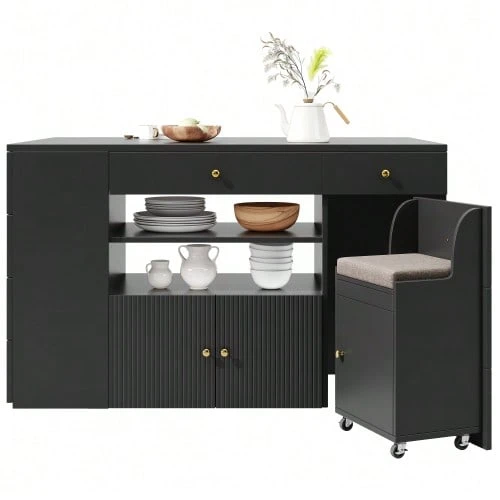 Kitchen Island, Sideboard With Bar Stools, Kitchen Cabinet With 6 Drawers & Stools, Width Adjustable 140*40(70)*89cm - Black - View 1