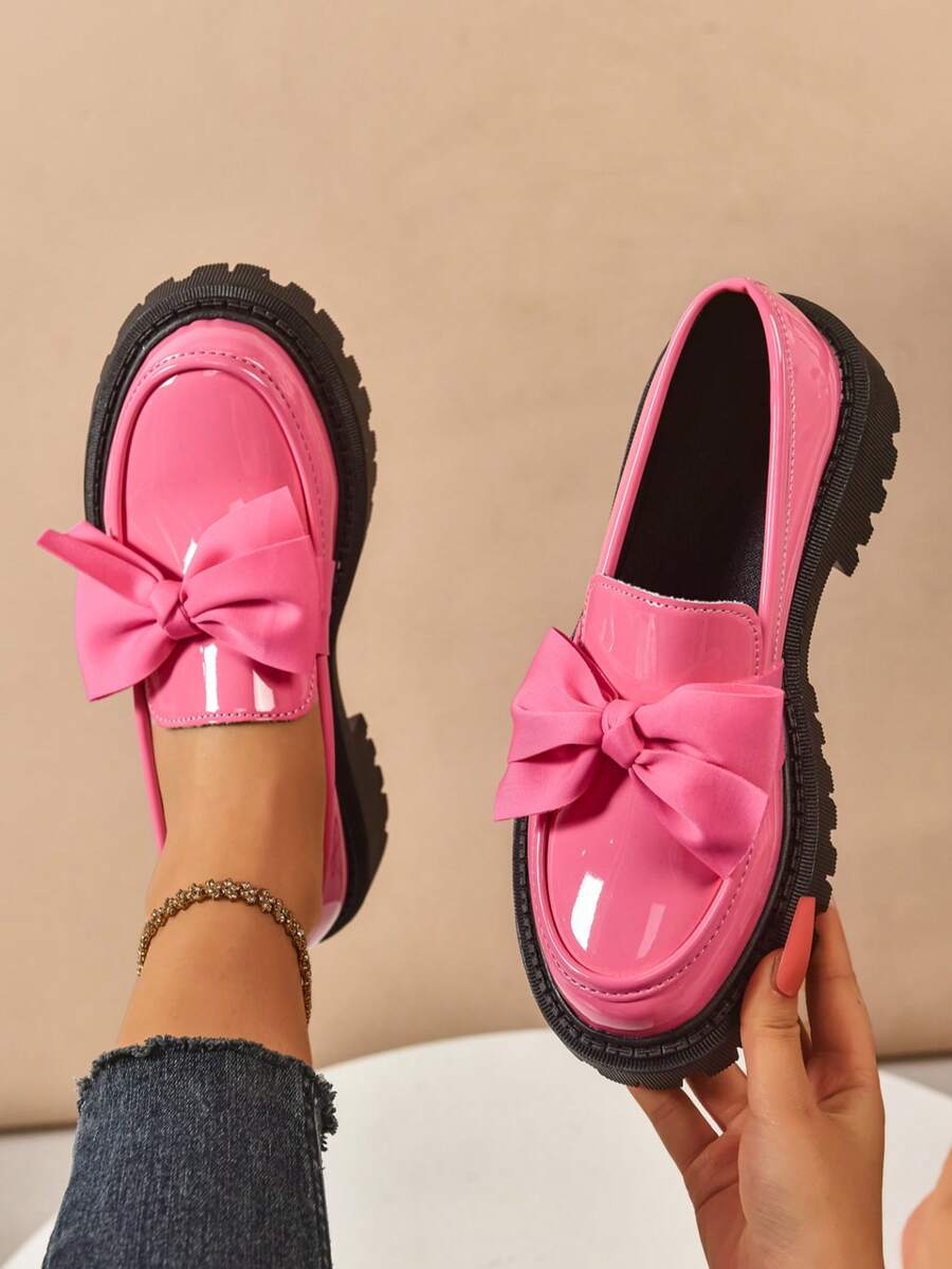 New Women's Loafers Thick Sole Spring/Autumn Fashion Versatile PU Outdoor Wear Black Bow Round Toe Slip-On Shoes - Pink - View 1