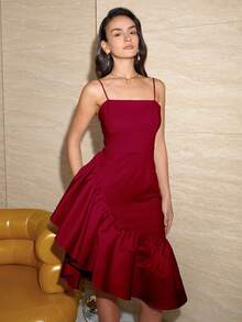 Women's Elegant Solid Color Patchwork Ruffle Hem Backless Dress, Valentine's Day Outfit, Spring And Summer, New Year Red Dress Party Wedding - Red - View 4