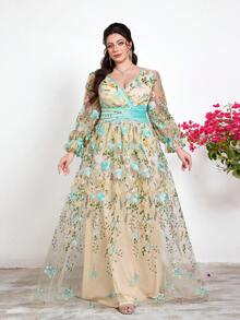 口袋款，新款，V领，刺绣，蕾丝，长灯笼袖，腰带，大摆，高端晚礼服，适合，舞会、婚礼、派对、婚礼宾客等场合，女士蓝色连衣裙 - 藍色 - 查看 7