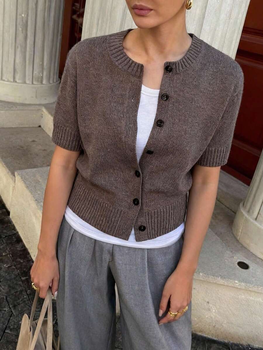 Cárdigan casual para mujer, elegante, versátil, de corte slim, adecuado para el trabajo, el transporte y las vacaciones, otoño/invierno - Marrón - Ver 1