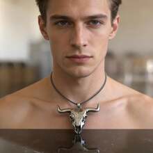 男士牛头骨银色项链 - 西部风格，手工打造不锈钢吊坠，完美契合波西米亚风和复古风珠宝爱好者 - 銀色 - 查看 6