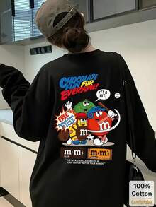 Domestic Shipping. New For Fall. Black Long-Sleeved T-Shirt For Women. Printed, Loose-Fitting, Korean-Style Top. Fall Clothing. Y2K Top. Korean Casual. Oversized. - 黑色 - 查看 1