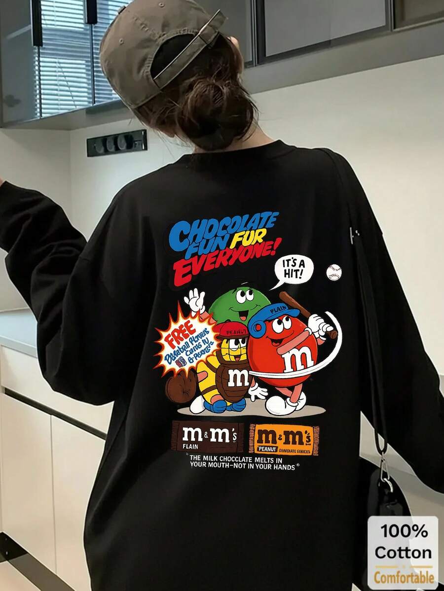 Domestic Shipping. New For Fall. Black Long-Sleeved T-Shirt For Women. Printed, Loose-Fitting, Korean-Style Top. Fall Clothing. Y2K Top. Korean Casual. Oversized. - 黑色 - 查看 1