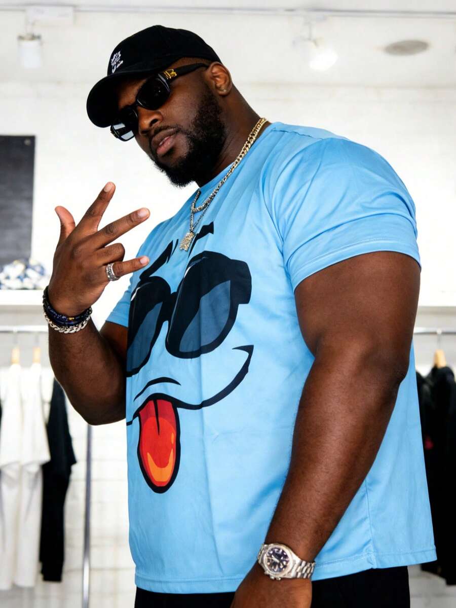 Plus Size Men Casual Short Sleeve T-Shirt With Funny Cartoon Face Graphic, Breathable And Fashion - Multicolor - View 1