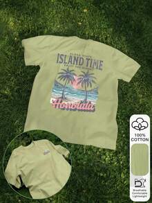 夏季女士休闲短袖上衣，100%纯棉材质，印有度假标语和棕榈树图案，面料柔软舒适，适合户外穿着，图案印花，夏季T恤，女士T恤，上衣，夏季衬衫，度假装扮，旅行风格，海滩风情，简约假日服饰 - 淺綠色 - 查看 5