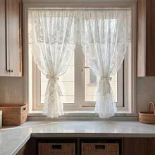 2pcs/Set COSENNATUR French Romantic Floral Lace Sheer Curtains, Double-Layer Curtain Header Design, Rod Pocket Top, Polyester Material, Finely Woven Texture, Lightweight, Washable, Elegant Minimalist Home Window Decor, Suitable For Living Room, Bedroom, Office, Wedding, Party, Date - White - View 6