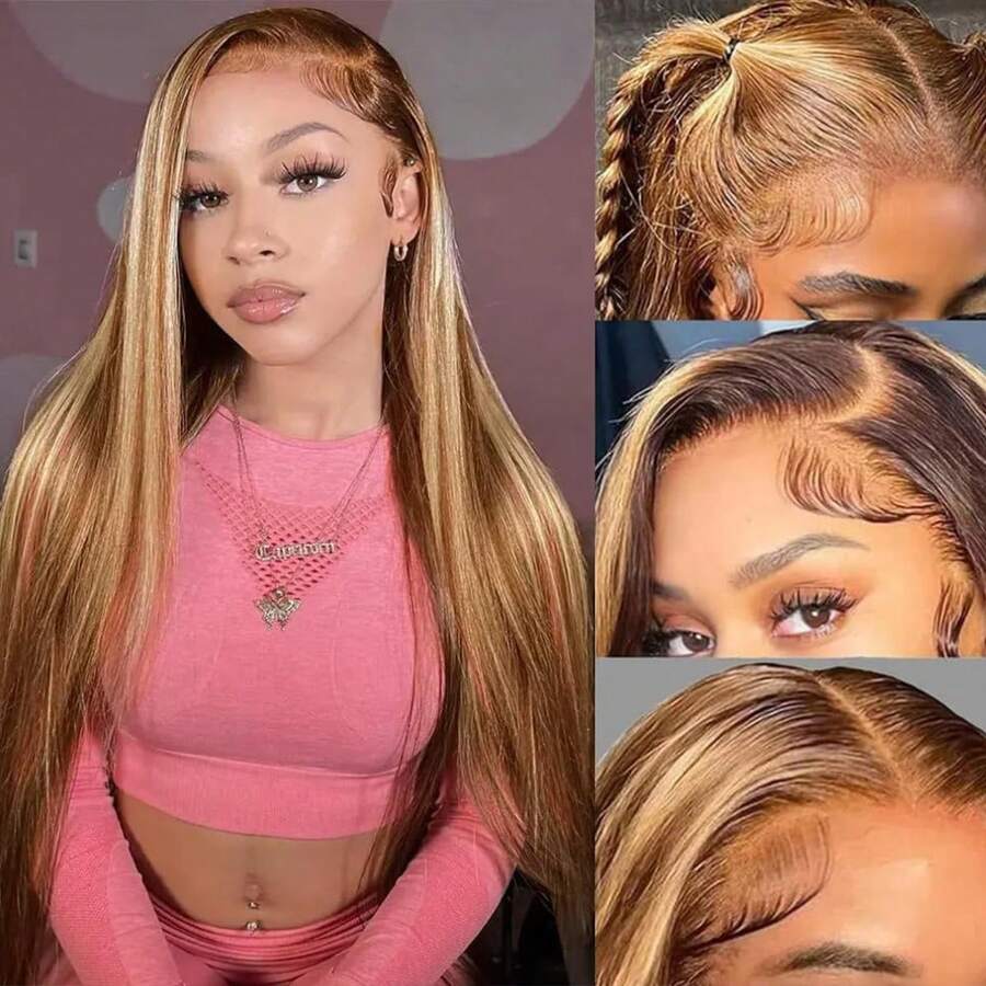 直发真人发假发 13x4 蕾丝前额假发 22-30 英寸 挑染渐变金发 P4/27 180% 密度 预先拔毛 自由分缝蕾丝前额假发 - S4/27 - 查看 1