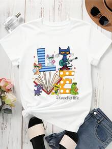 Love Teacher Life Cat And Friends Graphic T Shirt For Women Cute Cartoon Design With Books And Music Elements #Teacherlife Printed White Tee - trắng - Xem 3