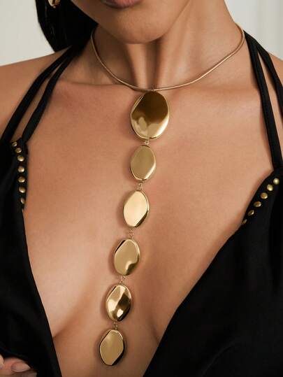 Altistry Set de collar y aretes con 2 piezas de collar de cadena de hueso de serpiente con colgante geométrico asimétrico de óvalo dorado metalizado y cadena extra larga, accesorios de joyería de moda personalizada para fiesta y vestido formal