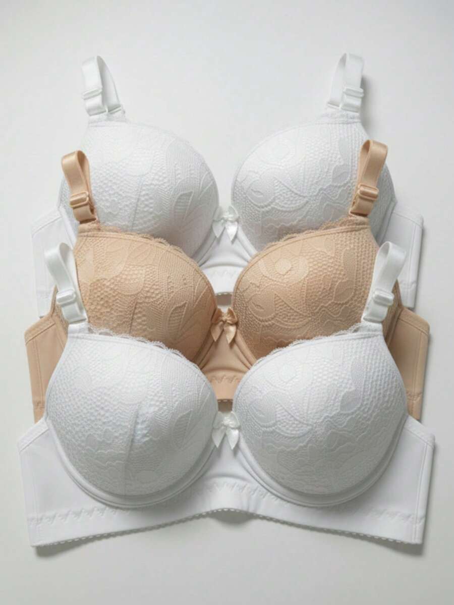 Set Of 3 Lace Bras With Adjustable Straps, Reinforced Cups, Comfortable, Premium Polyamide - 2 White and 1 Beige - View 1