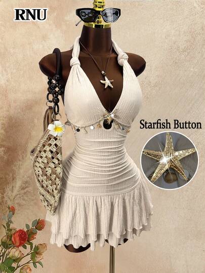 RNU Women's New Spring/Summer Vacation Dress, Beach Holiday Dress, Music Festival Back-To-School Party Dress, Sisters Gathering Dress, Solid Color Fabric, Knotted Halter Neckline, Double-Layer Skirt Hem For Slimming Effect, Tassel Weaving And Patchwork Craft, Detachable Metal Starfish Decor, High-End Design, Practical, Suitable For Street Style; Knitted Dress