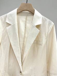 女士通勤休闲亚麻混纺单排扣七分袖西装外套和印花无袖中长连衣裙套装 - 杏色 - 查看 6