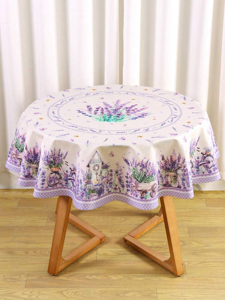 1pc Lavender Tablecloth - Floral & Bicycle Garden Design Rectangle/Round Tablecloth Suitable For Wedding, Bridal Shower, Anniversary, Birthday Party, Durable Polyester Farmhouse Style Kitchen Dining Table Decor, Indoor Outdoor Spring Summer Holiday Gathering - Multicolor - View 11