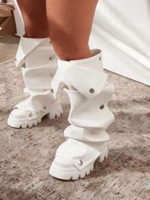 Y2K Black Shoes Women's Black Mid Calf Boots Slouchy Fold Over Boots Stacked Heel Pleated Ruched Pull On  Platform Shoes Motorcycle Nightclub Cosplay Winter Autumn Fall Shoes - 白色 - 查看 7