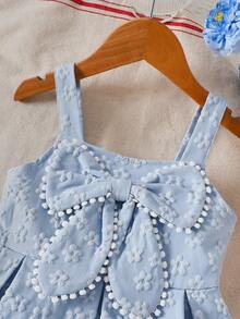Young Girls' Floral Print Sleeveless Dress With Pom Pom & Big Bow Accent, Princess Style, Spring/Summer - Blue - View 3