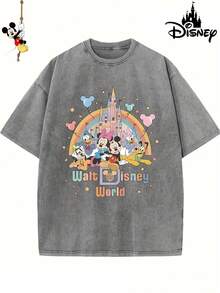 "Disney Authorized" Disneyland Castle Full Staff Printing, Genuine Authorization 1 Fashion Cartoon Short Sleeve Design, Cartoon Short Sleeve, Men's Cotton Washed T-Shirt. Soft And Breathable, It Can Be Used As A Gift For Disney Lovers. - Xám - Xem 1