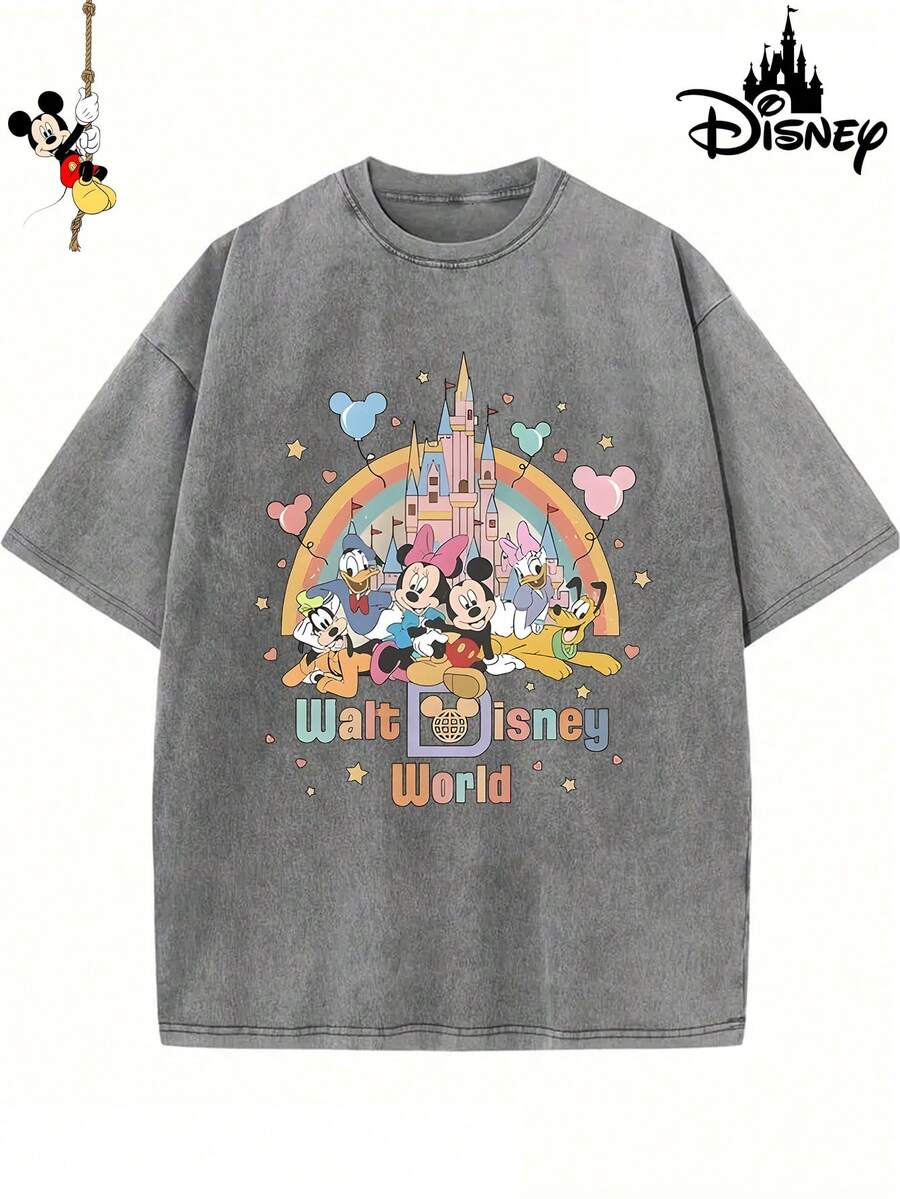 "Disney Authorized" Disneyland Castle Full Staff Printing, Genuine Authorization 1 Fashion Cartoon Short Sleeve Design, Cartoon Short Sleeve, Men's Cotton Washed T-Shirt. Soft And Breathable, It Can Be Used As A Gift For Disney Lovers. - Xám - Xem 1
