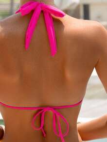 High Elasticity Women's Backless Tie-Up Bohemian Style Thong Bikini Set, With Knot Detail And Side Tie Bottom - Hot Pink - View 5
