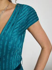 Mgiacy,New Arrival,V-Neck, Printed Mesh, Airplane Sleeves, Tie, Long Skirt With A Big Swing, High-End, Evening Dress,Summer,Festival For Women - Peacock Green - View 7
